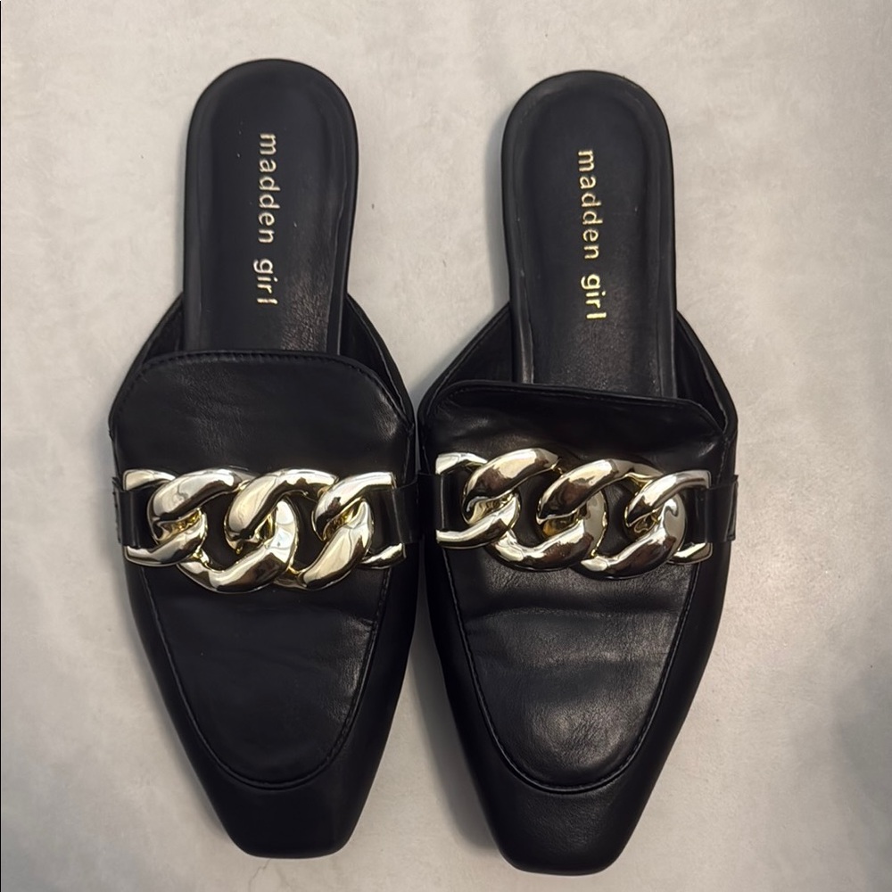 Madden Girl Black and Gold Chain Mules